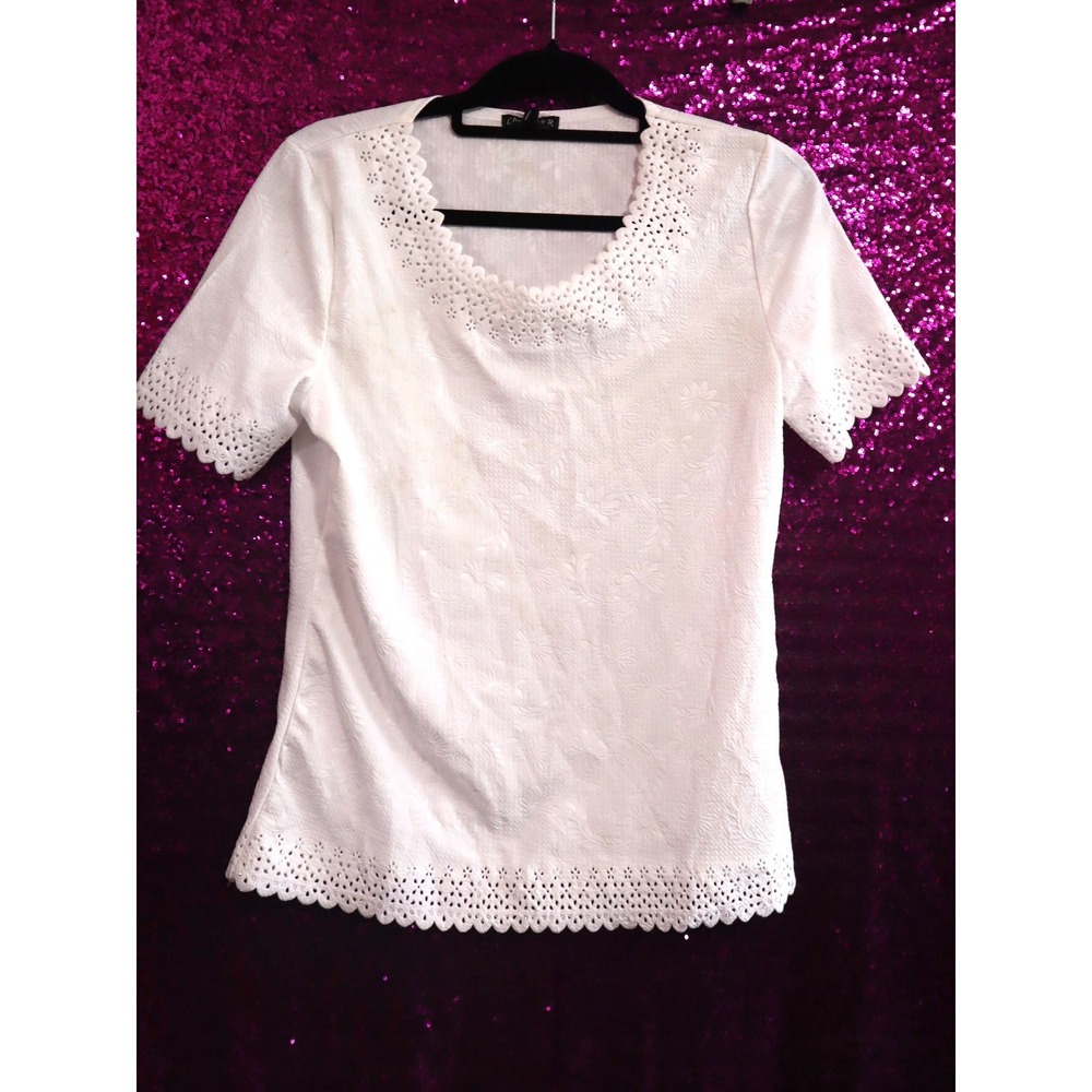 White Eyelet Top Medium Chances R Womens Floral Jacquard Short Sleeve Blouse